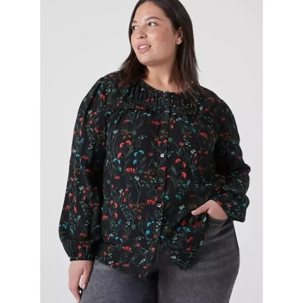 Lane Bryant Flounce Button Down Shirt 16 Black Floral Ruffle Viscose Blouse